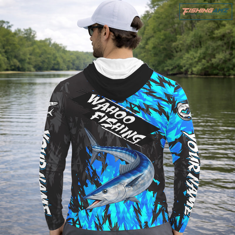 Personalized Wahoo Blue Long Sleeve Hooded Performance Fishing Shirts, Fishing Shirt For Men NHT454