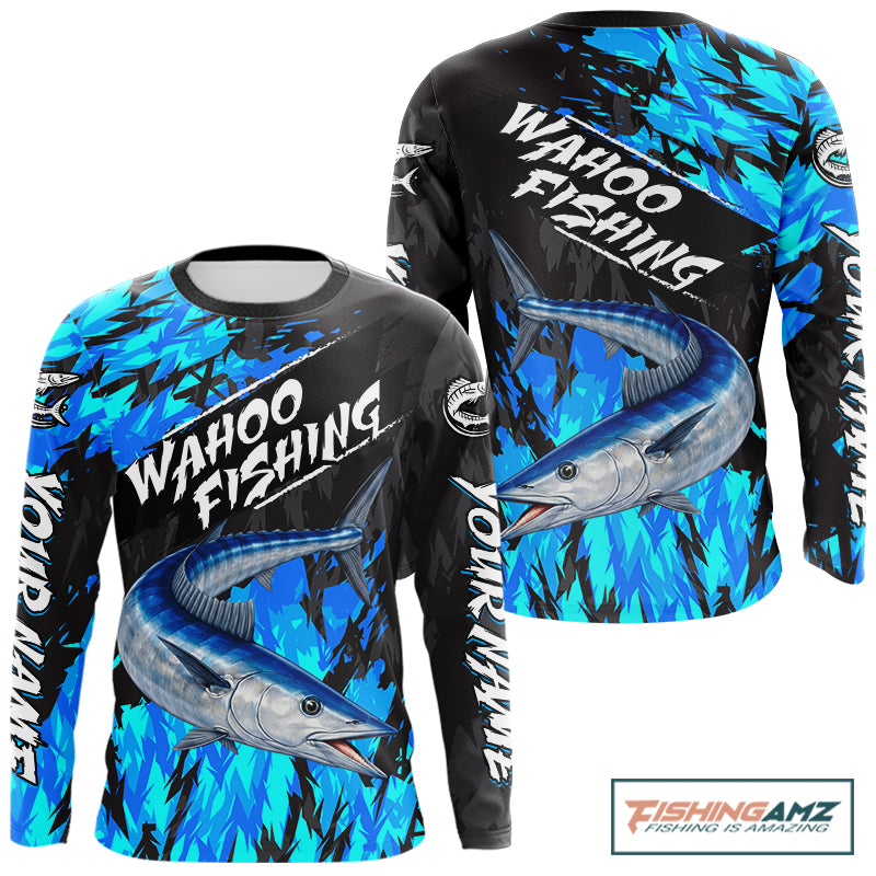 Personalized Wahoo Blue Long Sleeve Performance Fishing Shirts, Fishing Shirt For Men NHT454