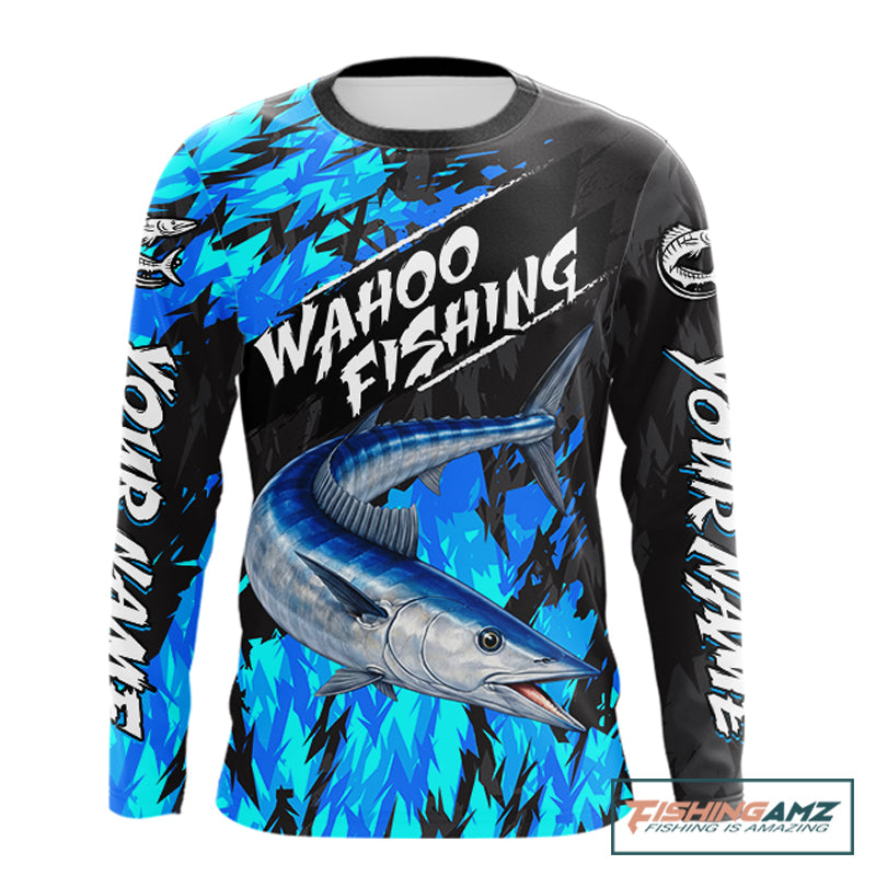 Personalized Wahoo Blue Long Sleeve Performance Fishing Shirts, Fishing Shirt For Men NHT454