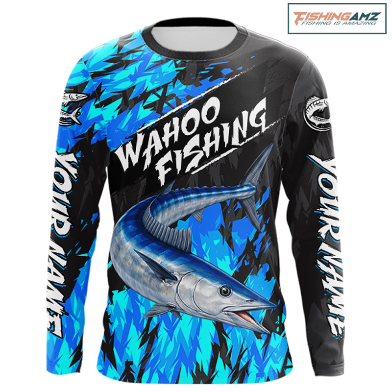 Personalized Wahoo Blue Long Sleeve Performance Fishing Shirts, Fishing Shirt For Men NHT454
