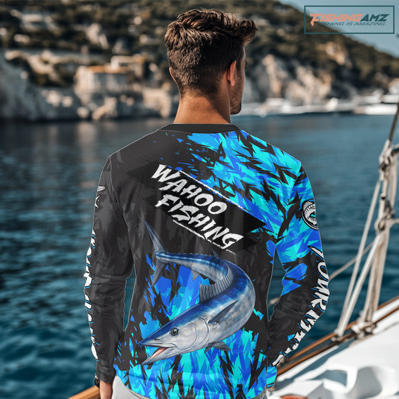 Personalized Wahoo Blue Long Sleeve Performance Fishing Shirts, Fishing Shirt For Men NHT454