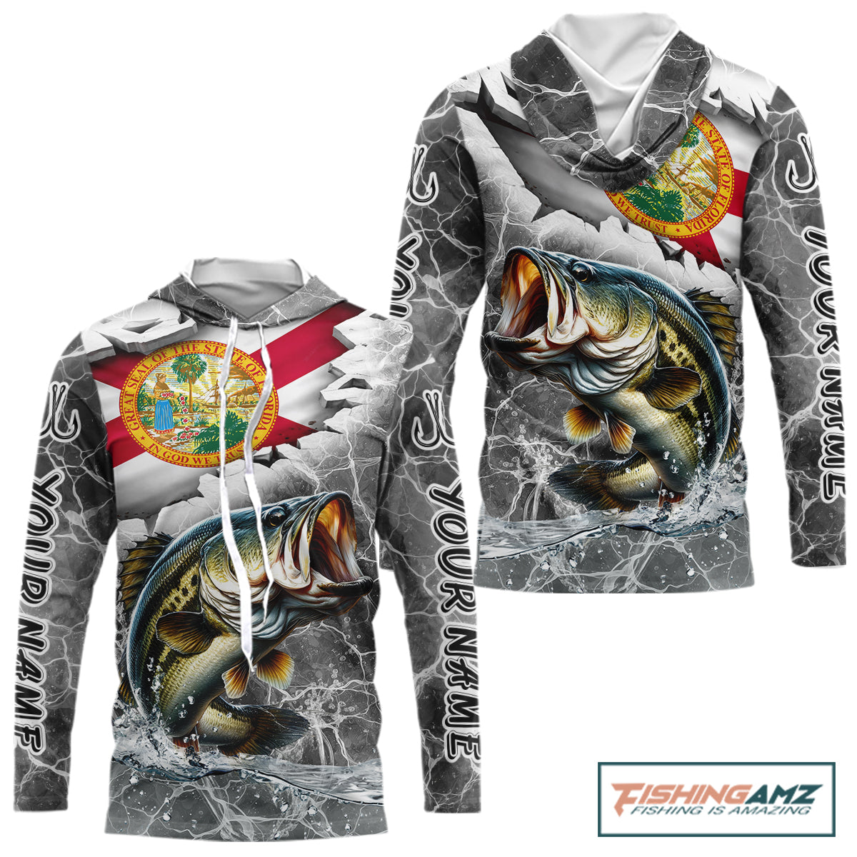 Florida Largemouth Bass Camo Gray Custom Hooded Long Sleeve Performance Fishing Shirts, Florida Flag Fishing Jerseys NHT657