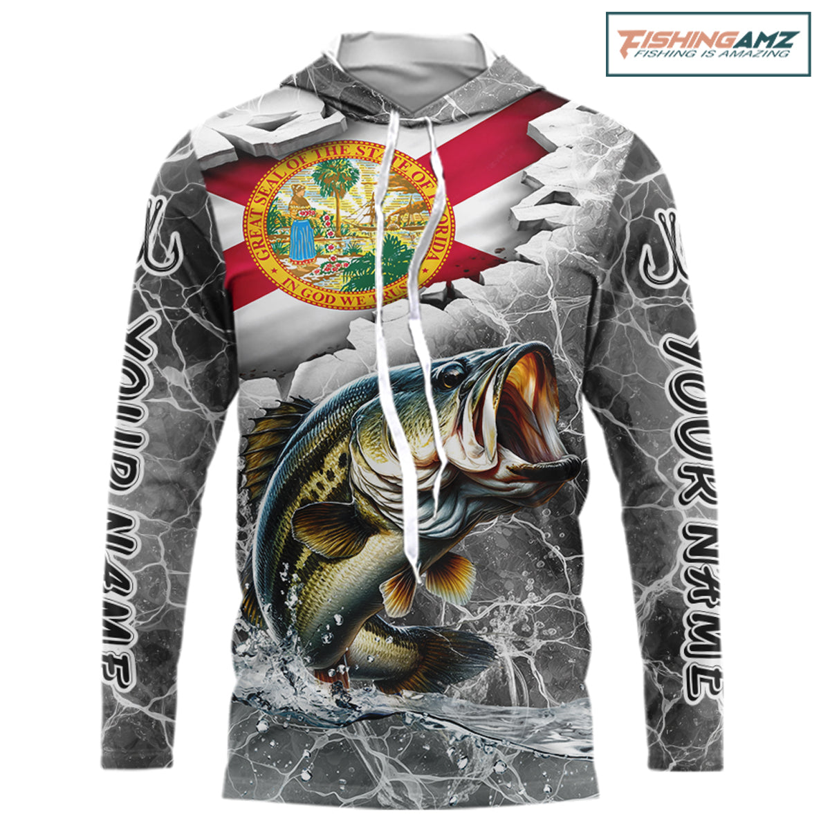 Florida Largemouth Bass Camo Gray Custom Hooded Long Sleeve Performance Fishing Shirts, Florida Flag Fishing Jerseys NHT657
