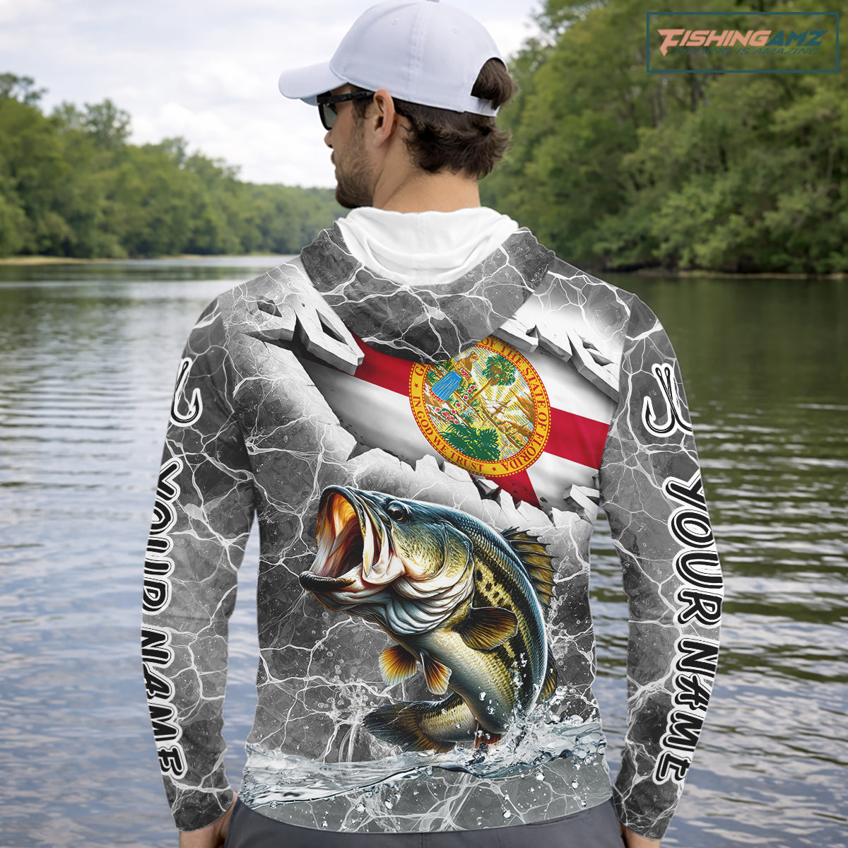 Florida Largemouth Bass Camo Gray Custom Hooded Long Sleeve Performance Fishing Shirts, Florida Flag Fishing Jerseys NHT657