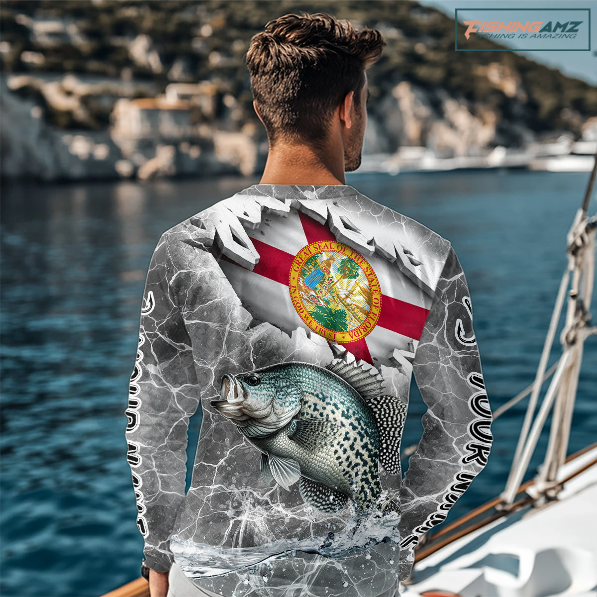 Florida Crappie Camo Gray Custom Long Sleeve Performance Fishing Shirts, Florida Flag Fishing Jerseys NHT658