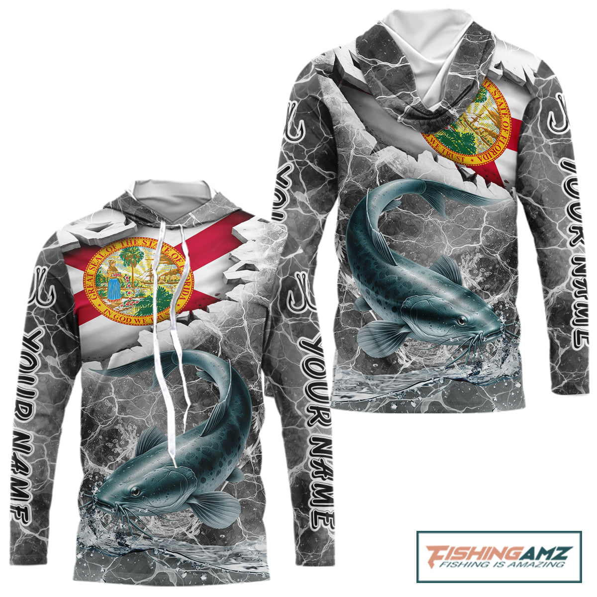 Florida Catfish Camo Gray Custom Hooded Long Sleeve Performance Fishing Shirts, Florida Flag Fishing Jerseys NHT659