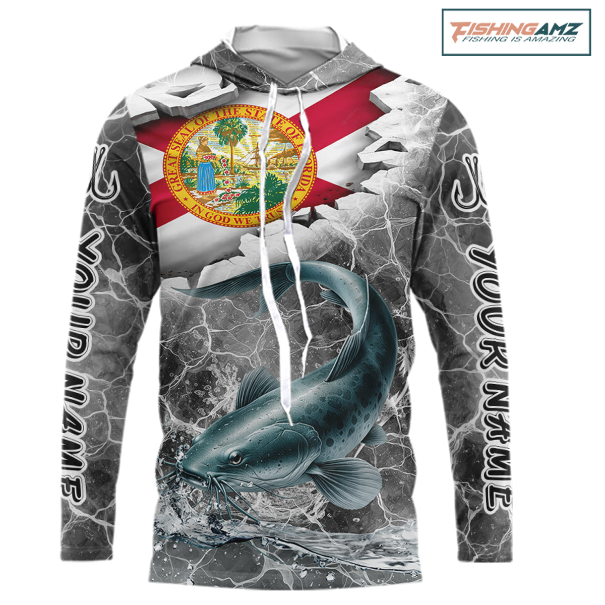 Florida Catfish Camo Gray Custom Hooded Long Sleeve Performance Fishing Shirts, Florida Flag Fishing Jerseys NHT659