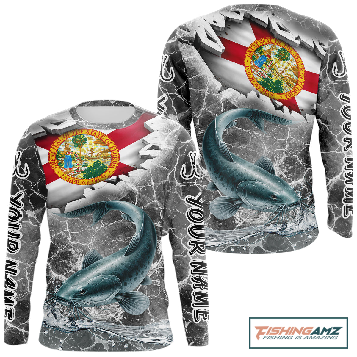 Florida Catfish Camo Gray Custom Long Sleeve Performance Fishing Shirts, Florida Flag Fishing Jerseys NHT659