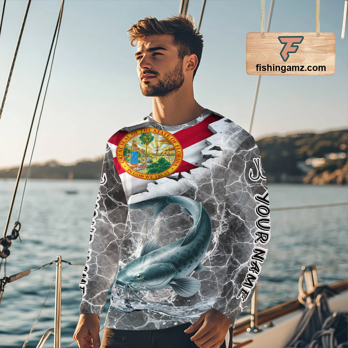 Florida Catfish Camo Gray Custom Long Sleeve Performance Fishing Shirts, Florida Flag Fishing Jerseys NHT659
