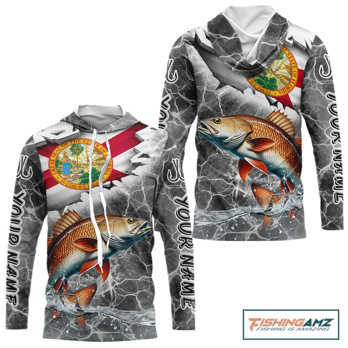 Florida Redfish Camo Gray Custom Hooded Long Sleeve Performance Fishing Shirts, Florida Flag Fishing Jerseys NHT660