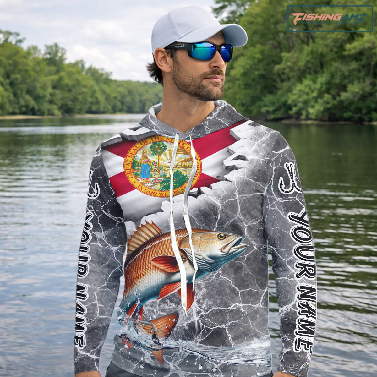 Florida Redfish Camo Gray Custom Hooded Long Sleeve Performance Fishing Shirts, Florida Flag Fishing Jerseys NHT660
