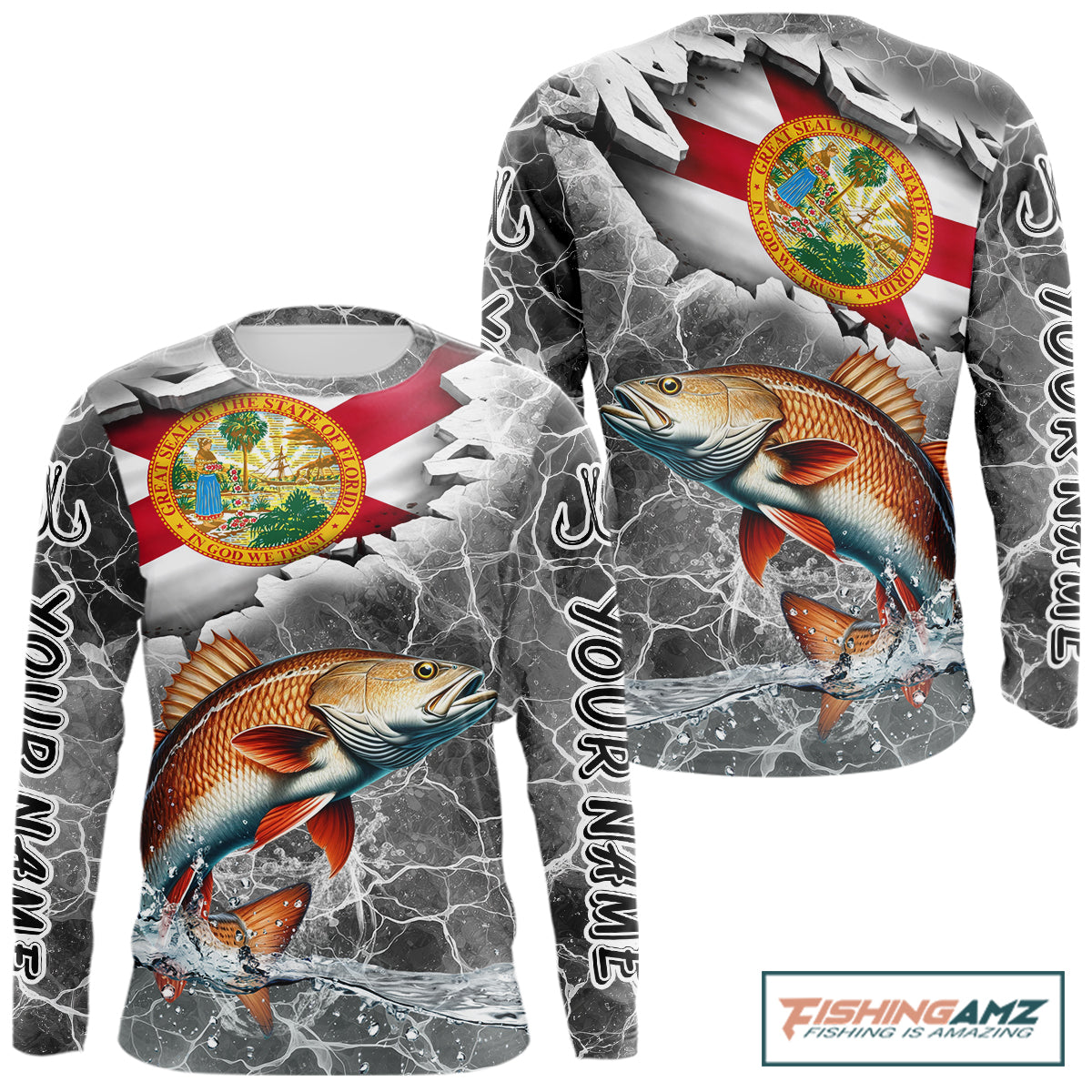 Florida Redfish Camo Gray Custom Long Sleeve Performance Fishing Shirts, Florida Flag Fishing Jerseys NHT660