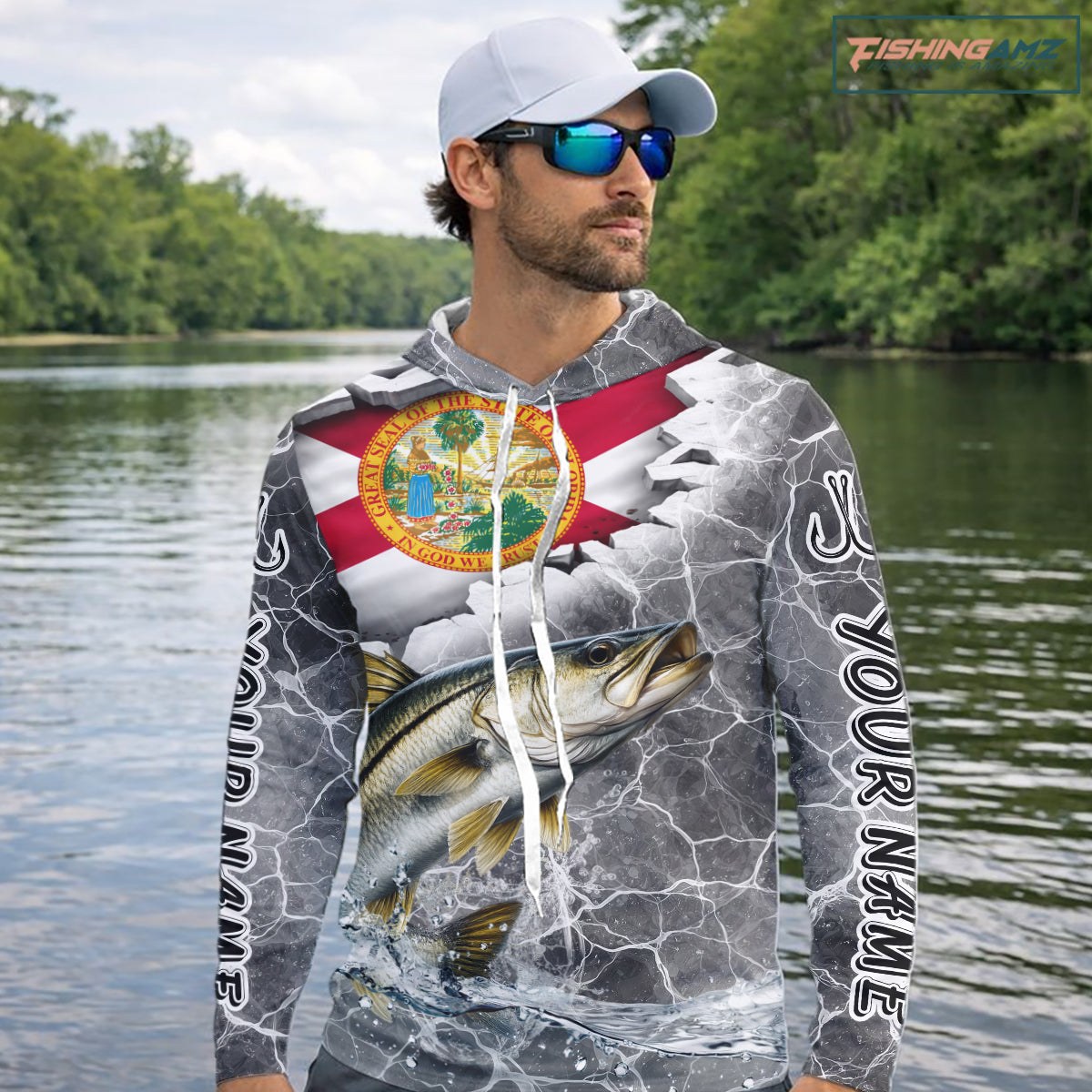 Florida Snook Camo Gray Custom Hooded Long Sleeve Performance Fishing Shirts, Florida Flag Fishing Jerseys NHT661