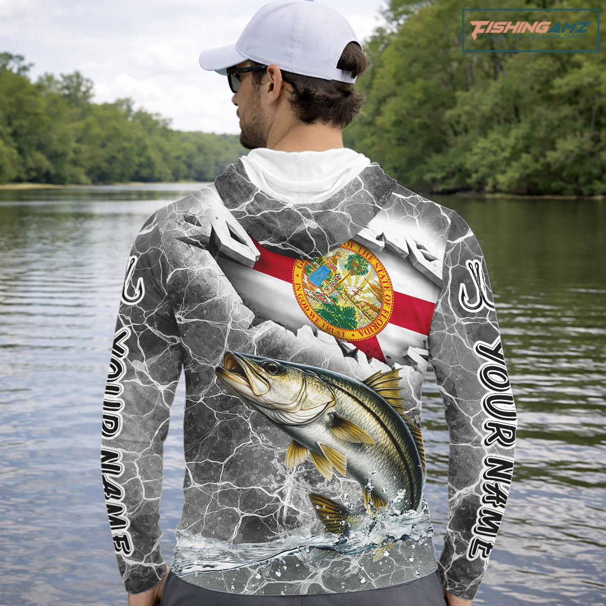 Florida Snook Camo Gray Custom Hooded Long Sleeve Performance Fishing Shirts, Florida Flag Fishing Jerseys NHT661