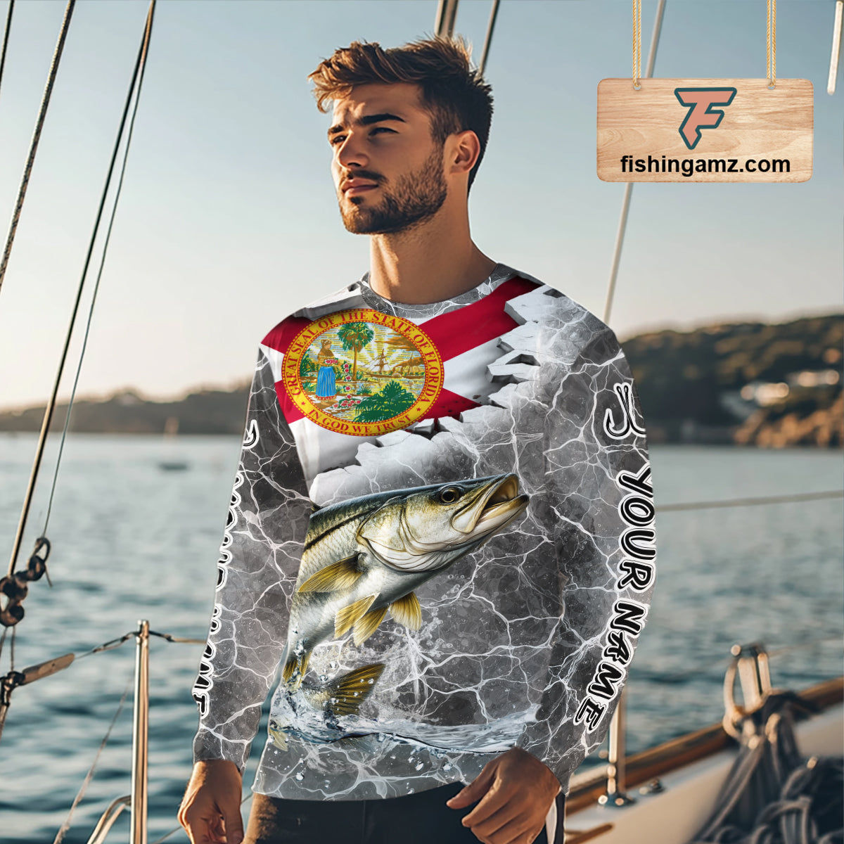 Florida Snook Camo Gray Custom Long Sleeve Performance Fishing Shirts, Florida Flag Fishing Jerseys NHT661