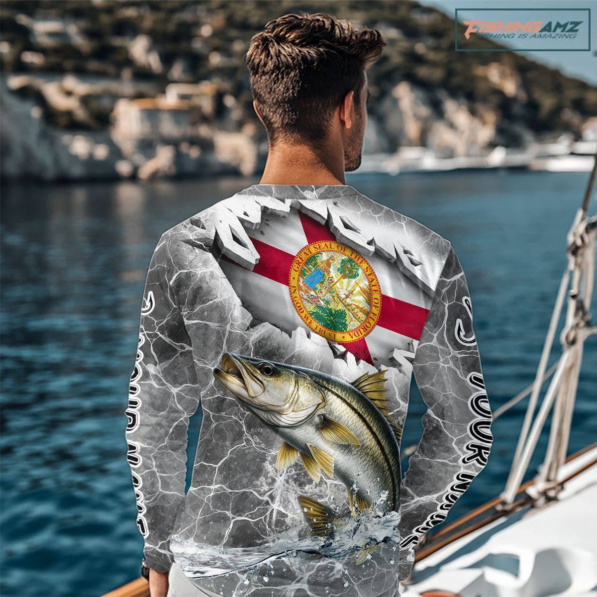 Florida Snook Camo Gray Custom Long Sleeve Performance Fishing Shirts, Florida Flag Fishing Jerseys NHT661