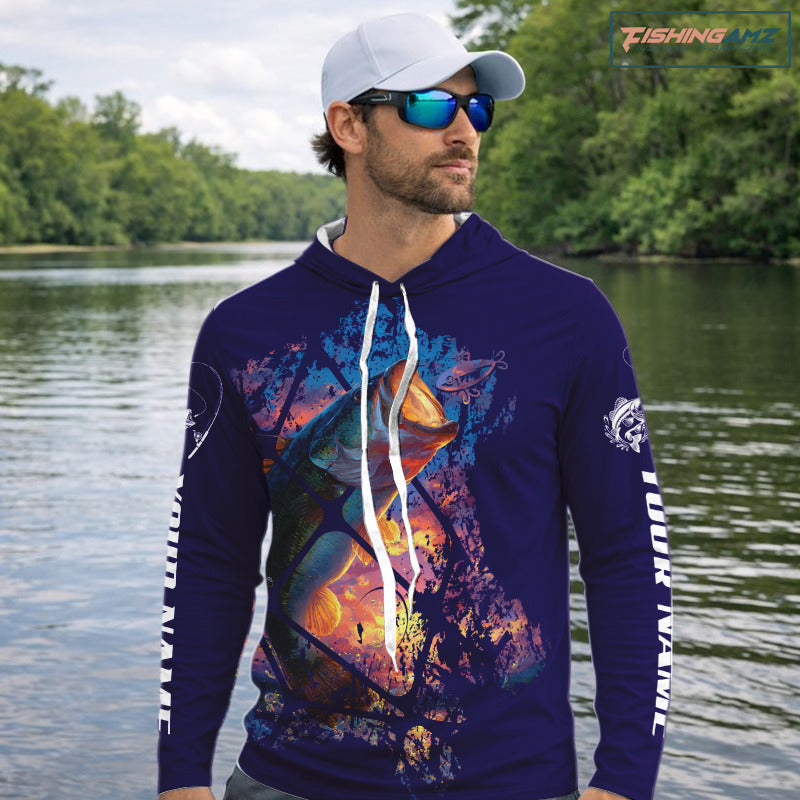 Largemouth Bass Artistic Long Sleeves Hooded Fishing Shirt Personalized Name NHT399
