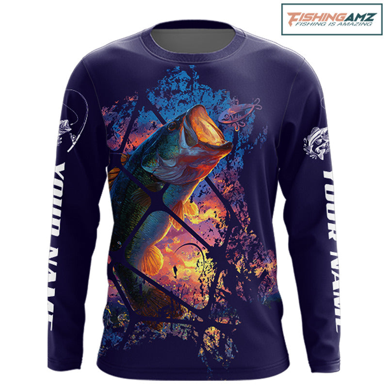 Largemouth Bass Artistic Long Sleeve Fishing Shirts Personalized Name NHT399
