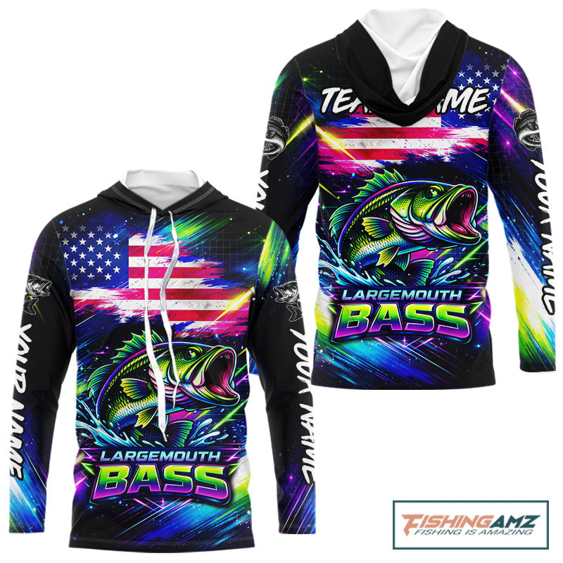Personalized Bass Fishing Jerseys, Custom American Flag Fishing Shirts Long Sleeve Hooded For Men