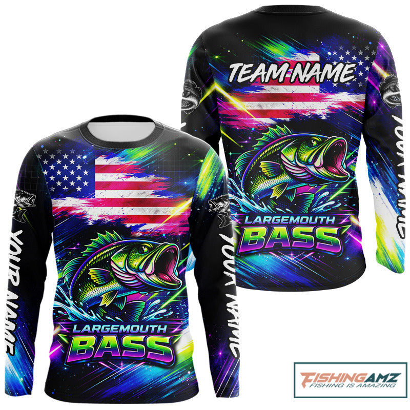 Personalized Bass Fishing Jerseys, Custom American Flag Fishing Shirts Long Sleeve For Men