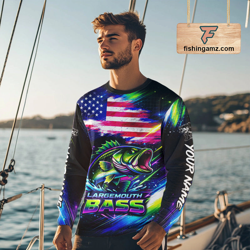 Personalized Bass Fishing Jerseys, Custom American Flag Fishing Shirts Long Sleeve For Men