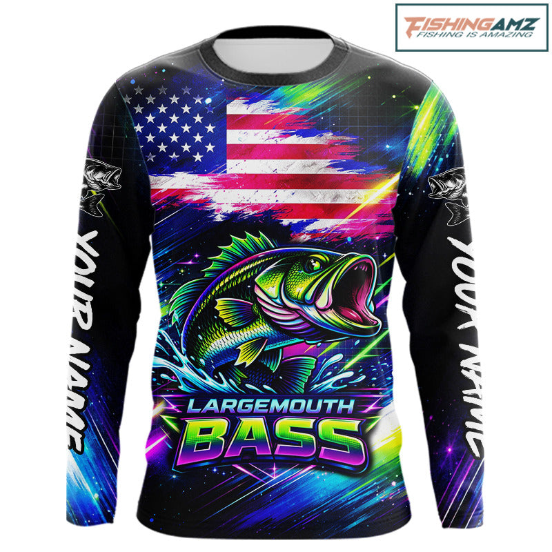 Personalized Bass Fishing Jerseys, Custom American Flag Fishing Shirts Long Sleeve For Men