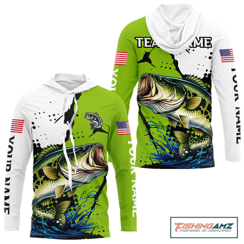 Green Camo Largemouth Bass Fishing Shirts Long Sleeve Hooded, Custom Big Bass Fishing Jerseys NHT481