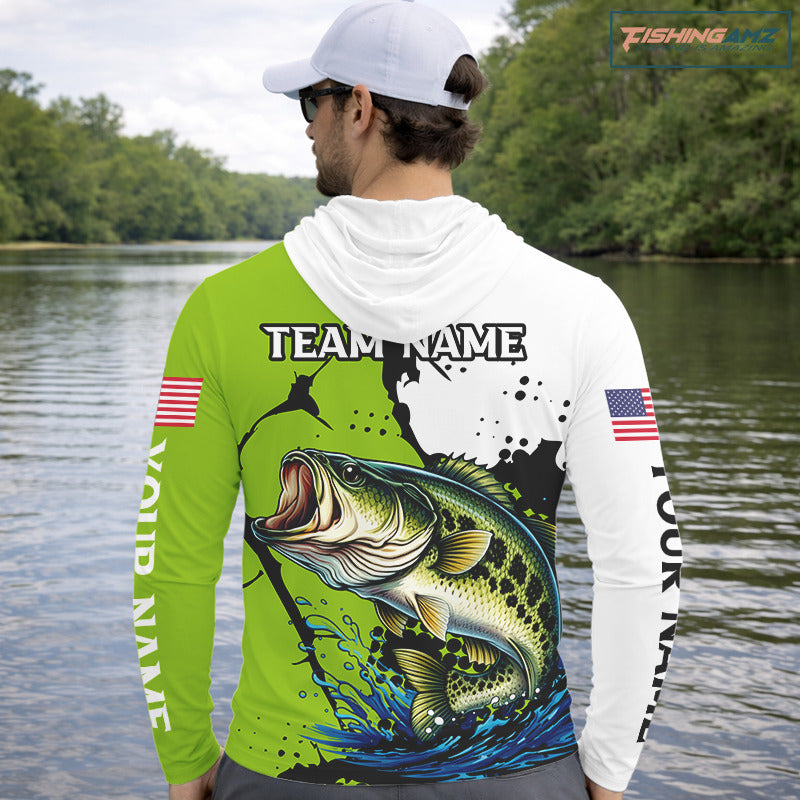 Green Camo Largemouth Bass Fishing Shirts Long Sleeve Hooded, Custom Big Bass Fishing Jerseys NHT481