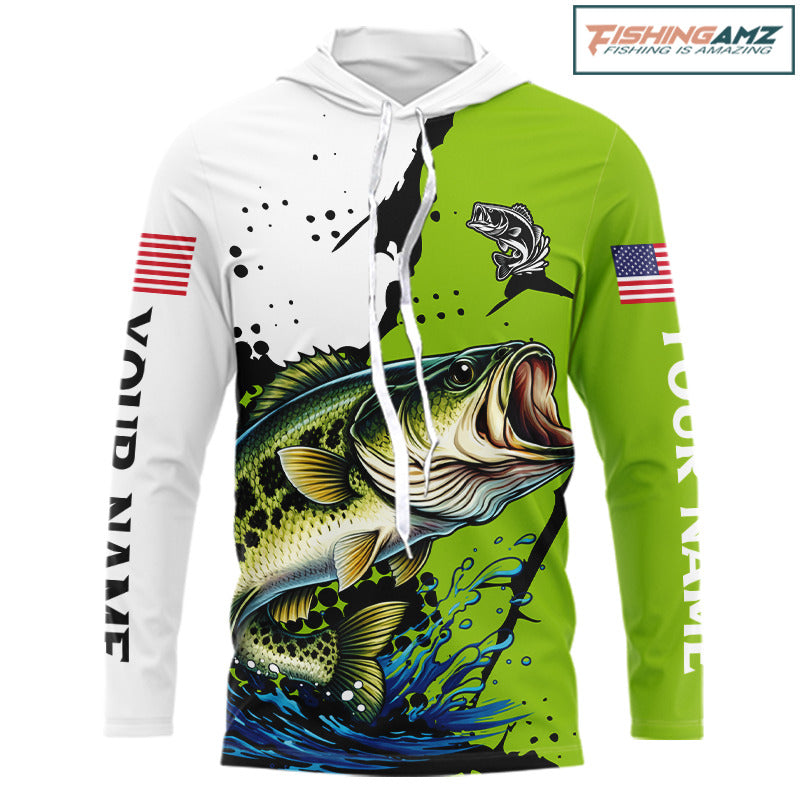 Green Camo Largemouth Bass Fishing Shirts Long Sleeve Hooded, Custom Big Bass Fishing Jerseys NHT481