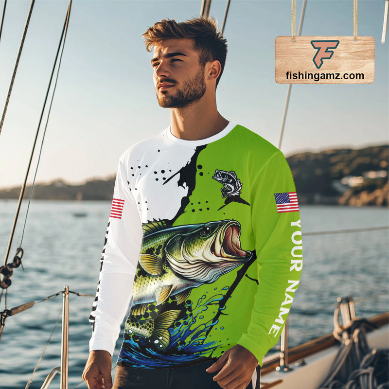 Green Camo Largemouth Bass Fishing Shirts Long Sleeve, Custom Big Bass Fishing Jerseys NHT481