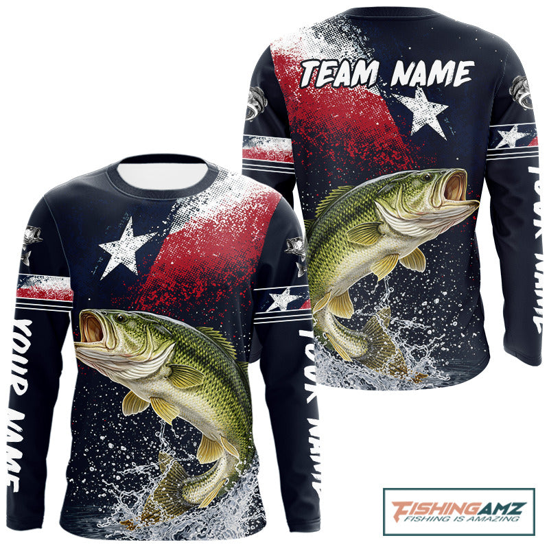 Custom Vintage Bass Long Sleeve Patriotic Fishing Shirt For Men, Bass Texas Flag Fishing Shirt NHT764
