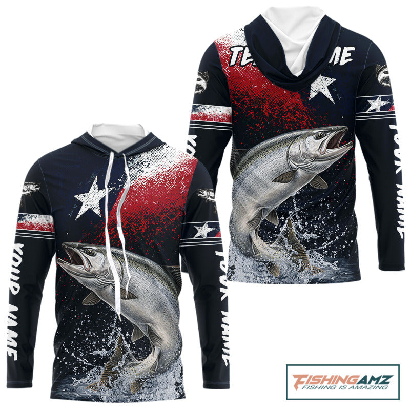 Custom Vintage Chinook Salmon Long Sleeve Hooded Patriotic Fishing Shirt For Men, Salmon Texas Flag Fishing Shirt NHT765
