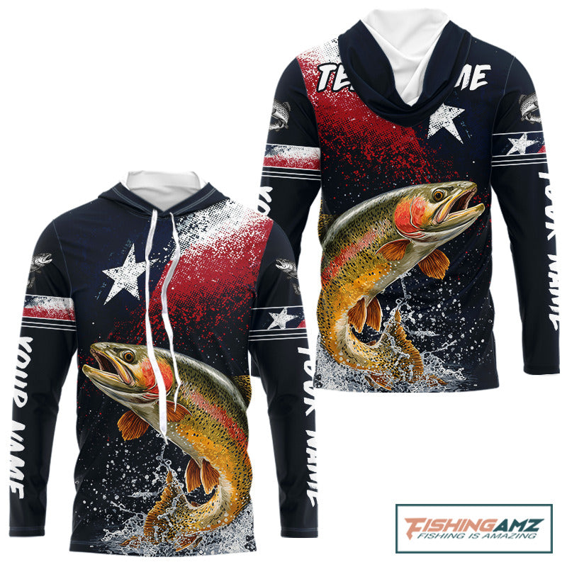 Custom Vintage Rainbow Trout Long Sleeve Hooded Patriotic Fishing Shirt For Men, Trout Texas Flag Fishing Shirt NHT766
