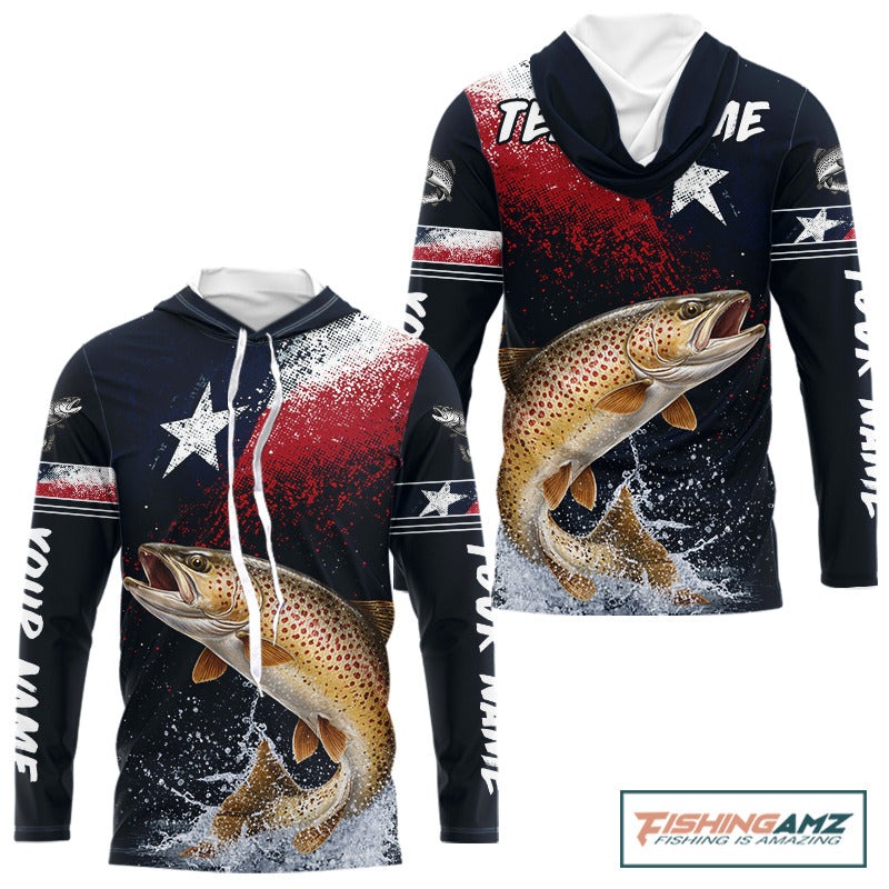 Custom Vintage Brown Trout Long Sleeve Hooded Patriotic Fishing Shirt For Men, Trout Texas Flag Fishing Shirt NHT767