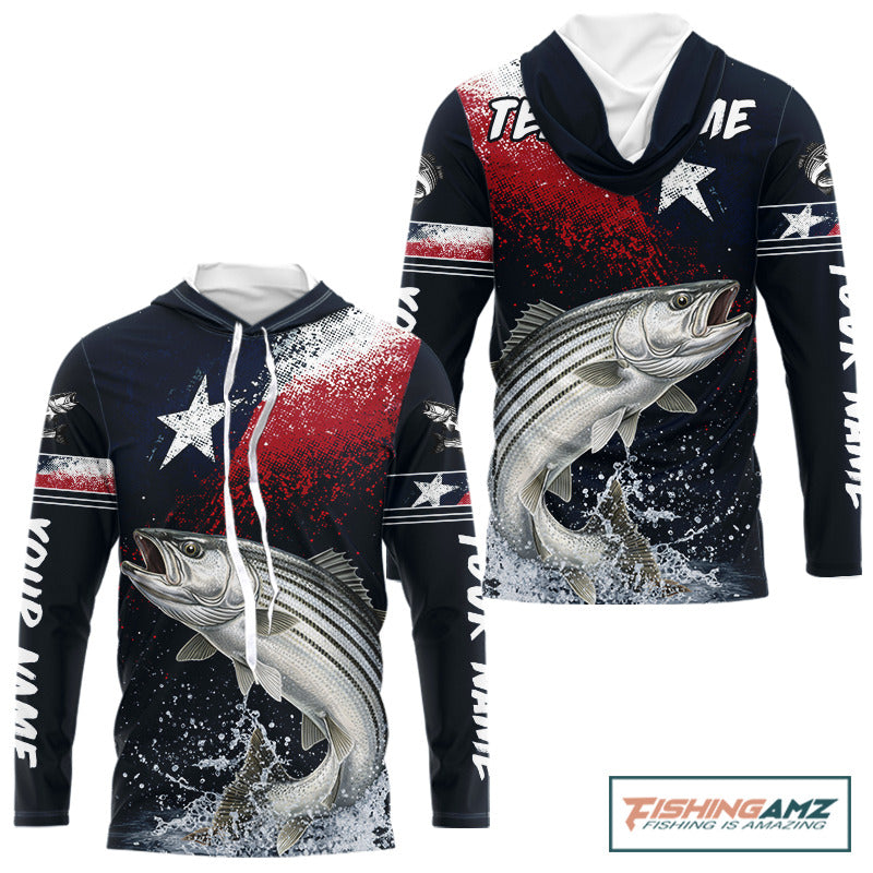 Custom Vintage Striped Bass Long Sleeve Hooded Patriotic Fishing Shirt For Men, Bass Texas Flag Fishing Shirt NHT768