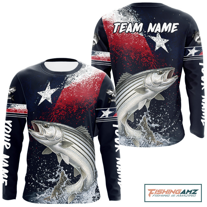Custom Vintage Striped Bass Long Sleeve Patriotic Fishing Shirt For Men, Bass Texas Flag Fishing Shirt NHT768