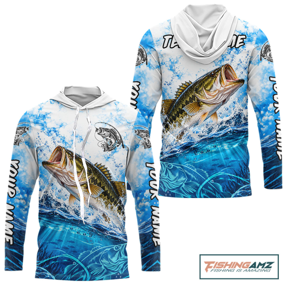 Blue Ocean Water Bass Hooded Fishing Shirt Custom Outdoor Sports Performance Jersey NHT1730
