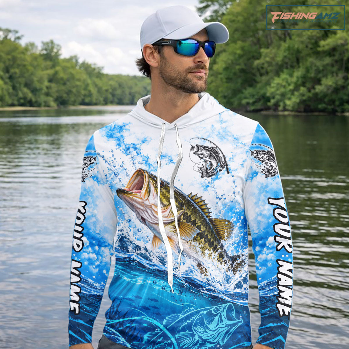 Blue Ocean Water Bass Hooded Fishing Shirt Custom Outdoor Sports Performance Jersey NHT1730