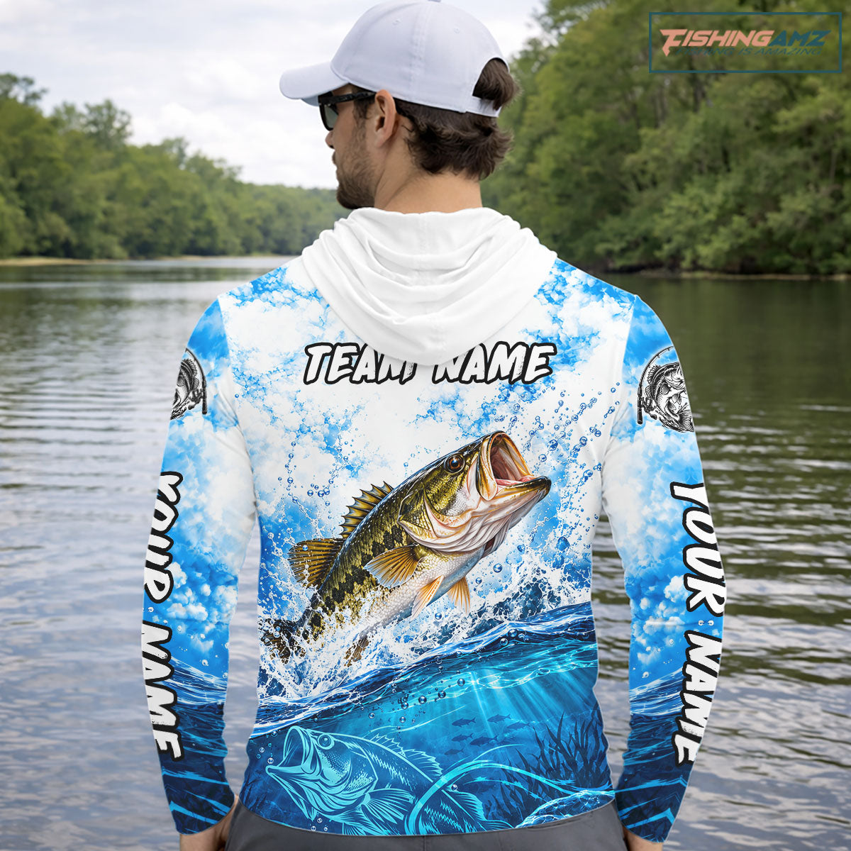 Blue Ocean Water Bass Hooded Fishing Shirt Custom Outdoor Sports Performance Jersey NHT1730