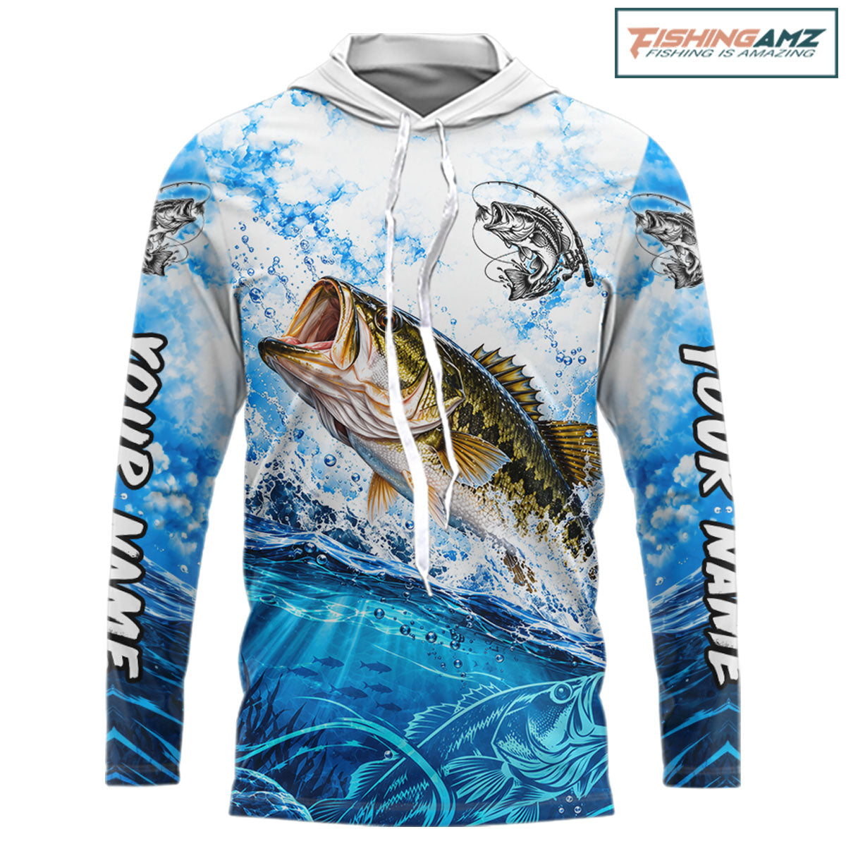 Blue Ocean Water Bass Hooded Fishing Shirt Custom Outdoor Sports Performance Jersey NHT1730