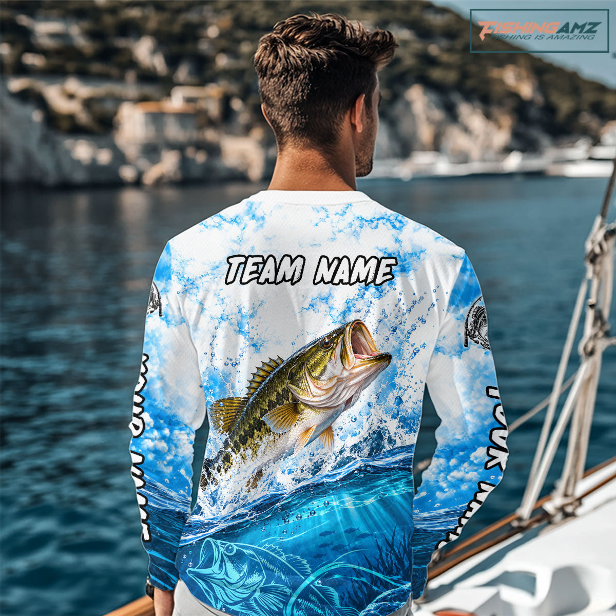Blue Ocean Water Bass Fishing Shirt Long Sleeve Custom Outdoor Sports Performance Jersey NHT1730