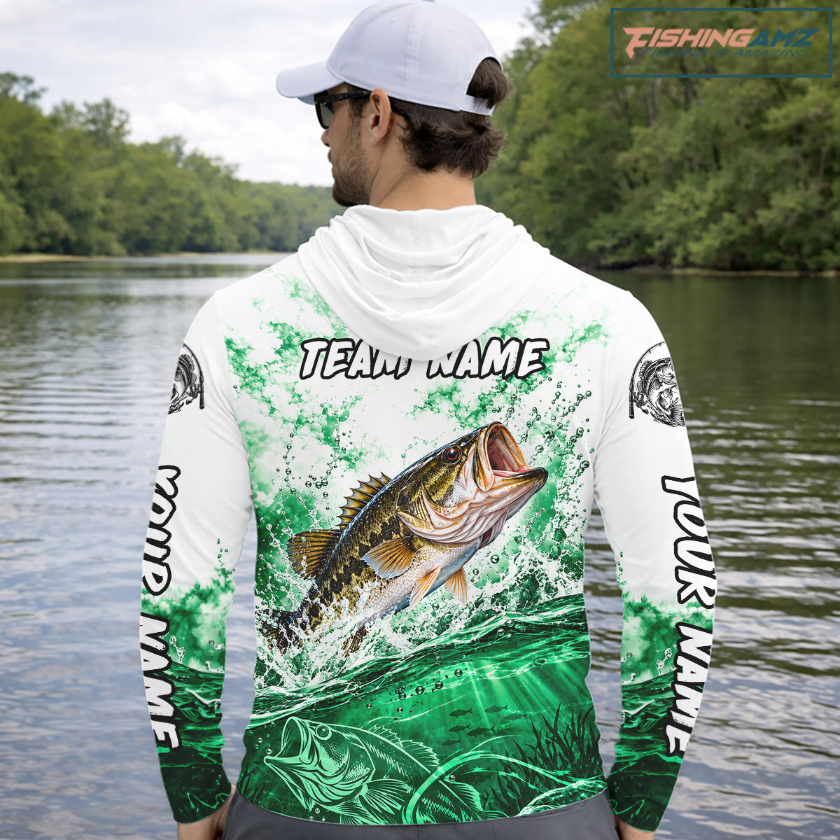 Green Ocean Water Bass Hooded Fishing Shirt Custom Outdoor Sports Performance Jersey NHT1731
