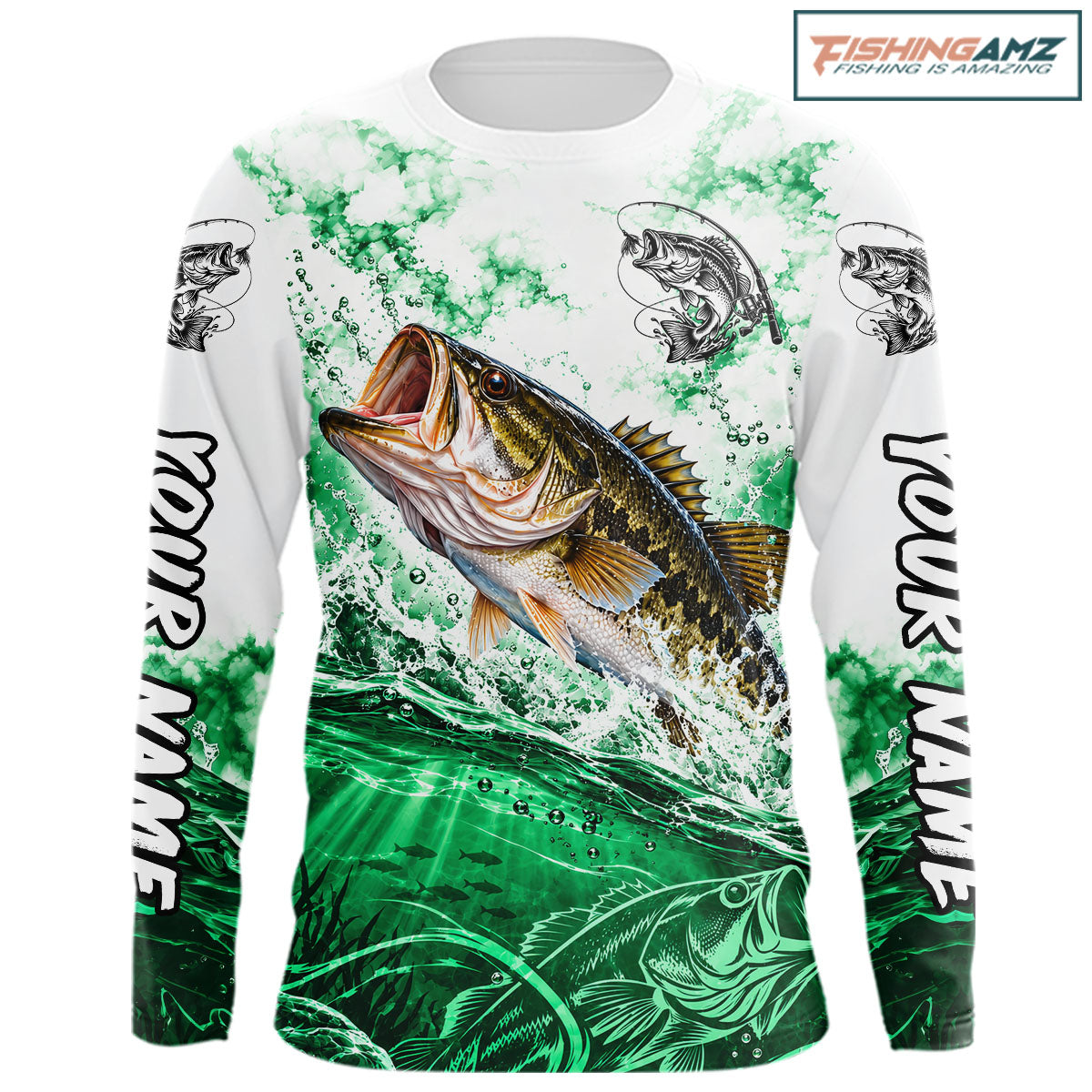 Green Ocean Water Bass Fishing Shirt Long Sleeve Custom Outdoor Sports Performance Jersey NHT1731