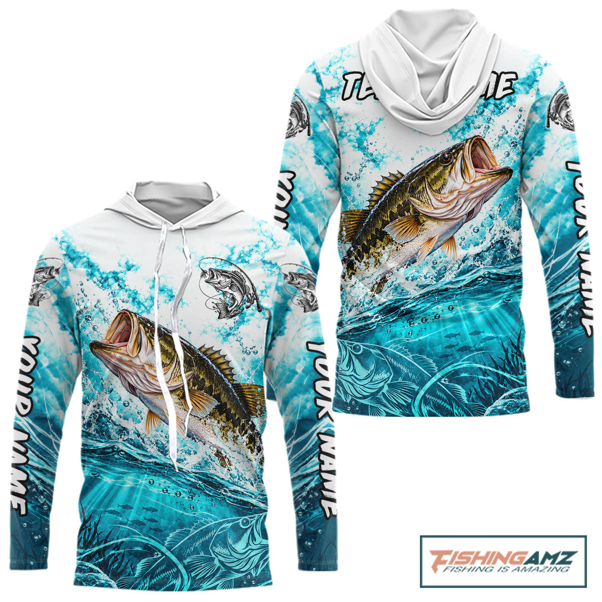 Turquoise Ocean Water Bass Hooded Fishing Shirt Custom Outdoor Sports Performance Jersey NHT1732