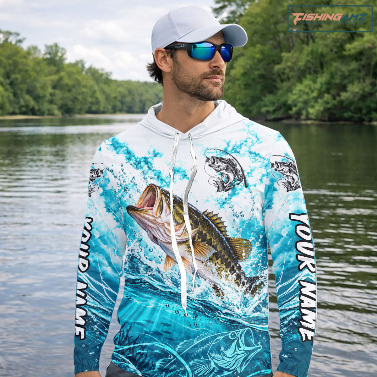 Turquoise Ocean Water Bass Hooded Fishing Shirt Custom Outdoor Sports Performance Jersey NHT1732