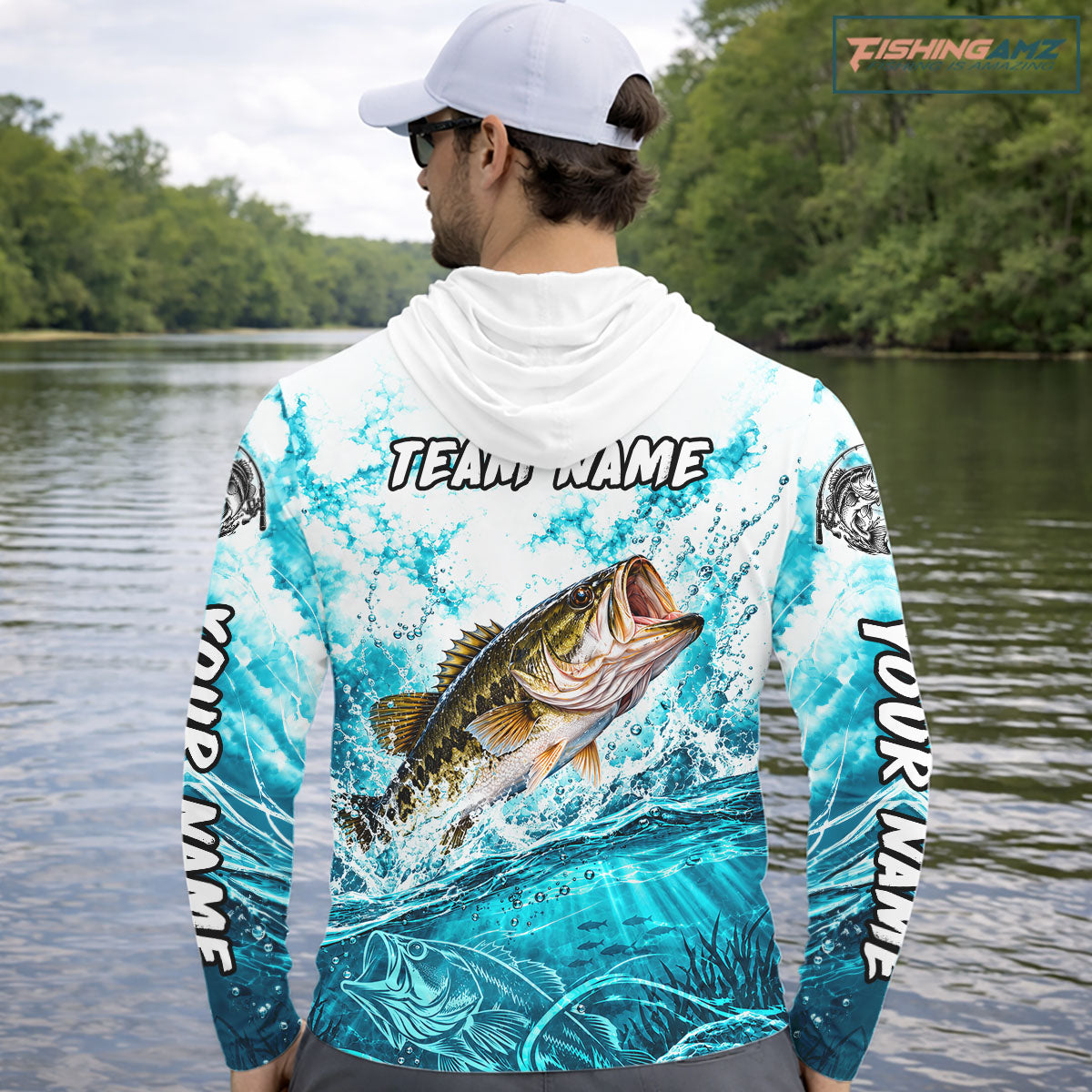 Turquoise Ocean Water Bass Hooded Fishing Shirt Custom Outdoor Sports Performance Jersey NHT1732