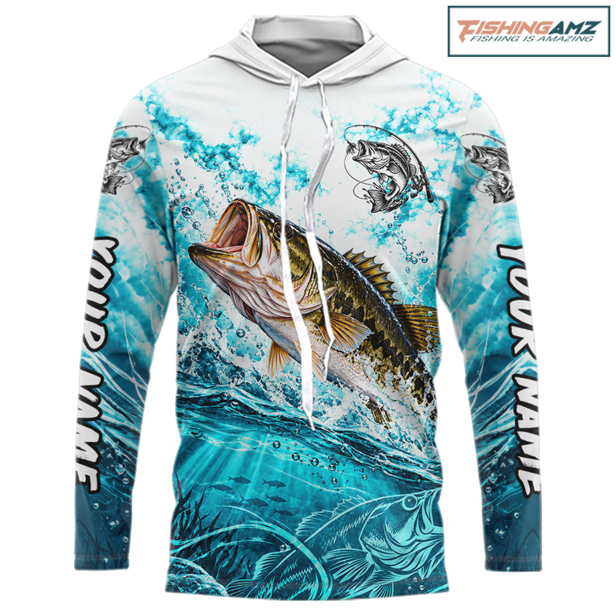 Turquoise Ocean Water Bass Hooded Fishing Shirt Custom Outdoor Sports Performance Jersey NHT1732