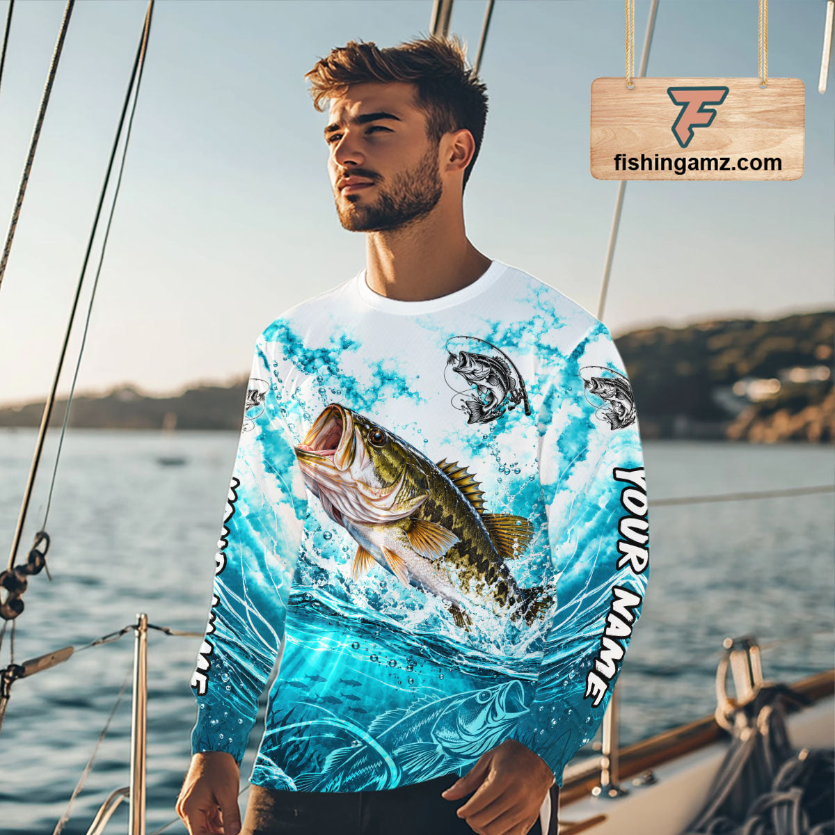 Turquoise Ocean Water Bass Fishing Shirt Custom Outdoor Sports Performance Jersey NHT1732
