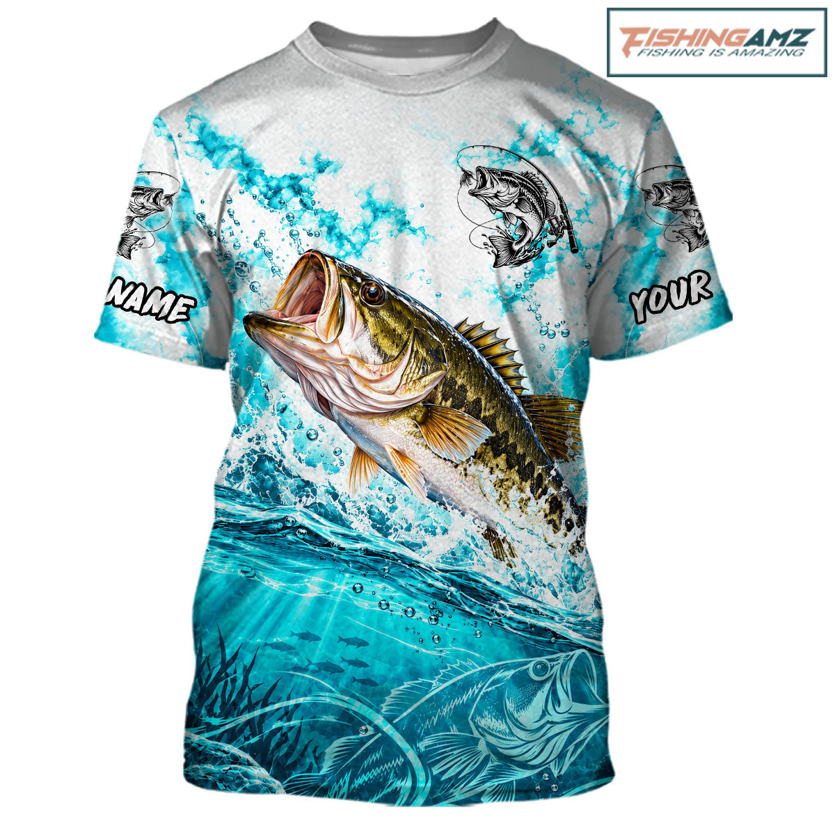 Turquoise Ocean Water Bass Fishing Shirt Short Sleeve Custom Outdoor Sports Performance Jersey NHT1732