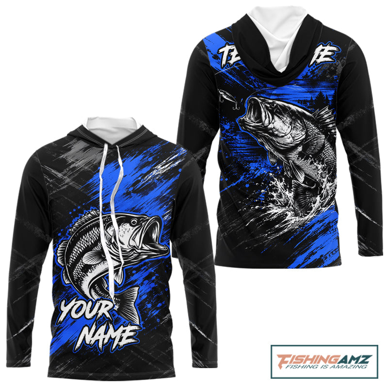 Hooded Personalized Blue Bass Fishing Jersey, Largemouth Bass Shirt, Custom Name Fishing Team Shirt NHT1594